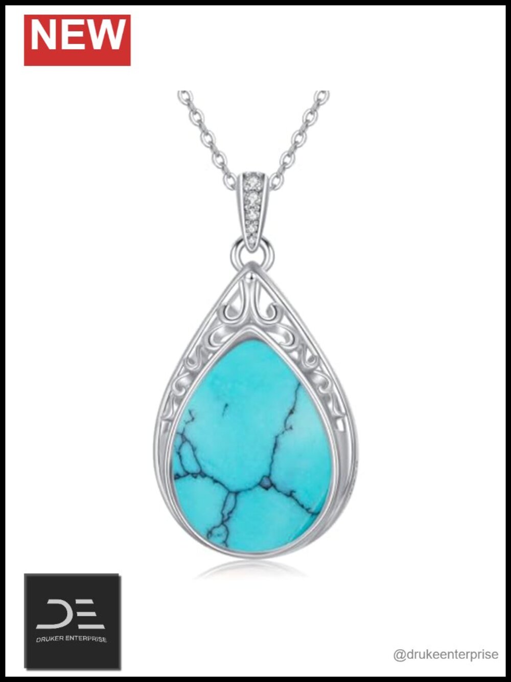 925 Sterling Silver Turquoise Filigree Teardrop Pendant Necklace